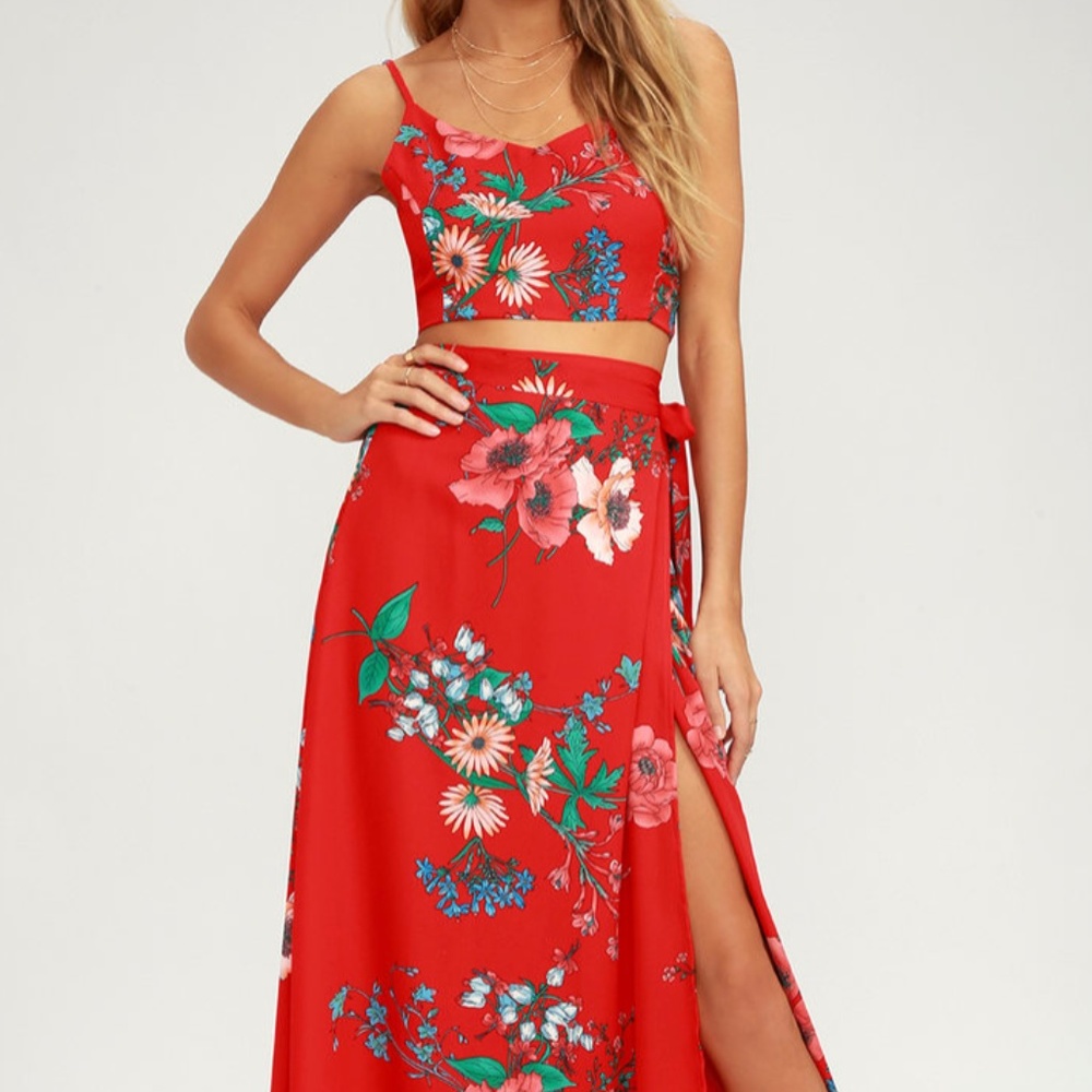 Lulus BLOOM WITH A VIEW RED MAXI TWO PIECE DRESS